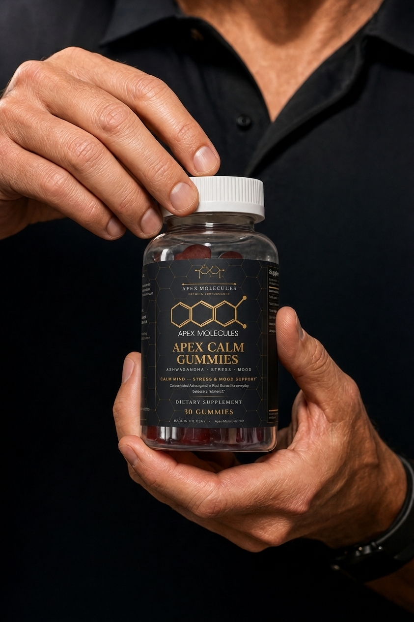 Hands holding a bottle of Apex Calm Gummies